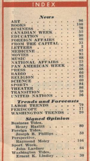 Index from the October 28, 1946 Newsweek Magazine